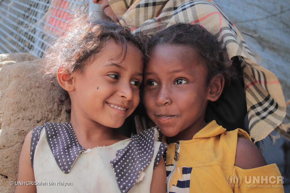 Refugees's tweet photo. These are Asma and Yousra, they live in Al-Sha'ap camp in Yemen.

Today, 4.3 million people are internally displaced in Yemen, and children make up the majority.

We must protect all children, especially the most vulnerable who were #ForcedToFlee their homes. https://t.co/P6J3Waozre