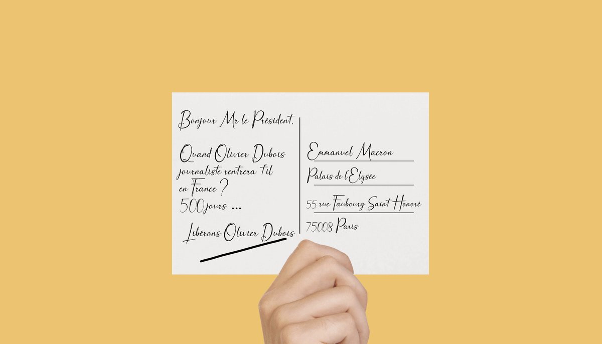 {📢Manif' en ligne #OlivierDubois }

<a href="/EmmanuelMacron/">Emmanuel Macron</a> Avez-vous reçu ces cartes postales?
Allez-vous répondre à l'appel de <a href="/O_DuboisFamille/">Famille Olivier Dubois Journaliste</a> et des français ?

<a href="/MinColonna/">Catherine Colonna</a> <a href="/francediplo/">France Diplomatie 🇫🇷🇪🇺</a>
<a href="/AssembleeNat/">Assemblée nationale</a>

#otage #France #Mali #media