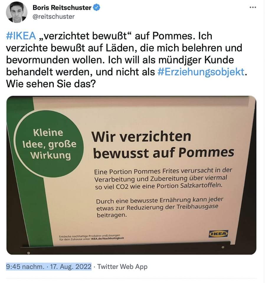 leckerbisse's tweet photo. Querdenker bestehen stehts darauf wie mündige Bürger behandelt zu werden verhalten sich aber bei jeder Gelegenheit wie Kleinkinder.😅
#Ikea #Pommes #PommesGate https://t.co/DfNBC6L2q0