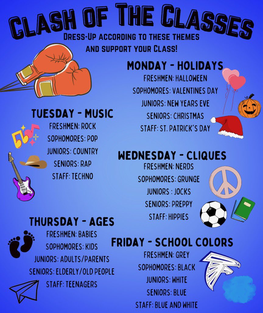 AtwaterFalcons's tweet photo. 1st dress up week of the year is next week! It’s Clash Of The Classes. What class will win? #ClashOfTheClasses #WeAreAtwater🔵⚪️ https://t.co/RdkW76bdka