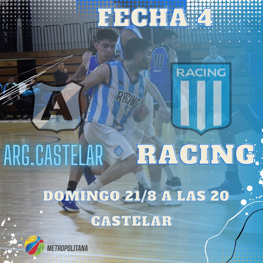 ¡Hoy juega #Racing !✔️

Sigue el curso la <a href="/LigaMetroOk/">Liga Metropolitana 2021</a> y <a href="/BasketRacing/">Basket Racing</a> visitará a Argentino de Castelar por la fecha 4 del Grupo H en la Liga Metro 2022 en Castelar desde las 20hs.

¡Acércate a alentar a la Academia!
