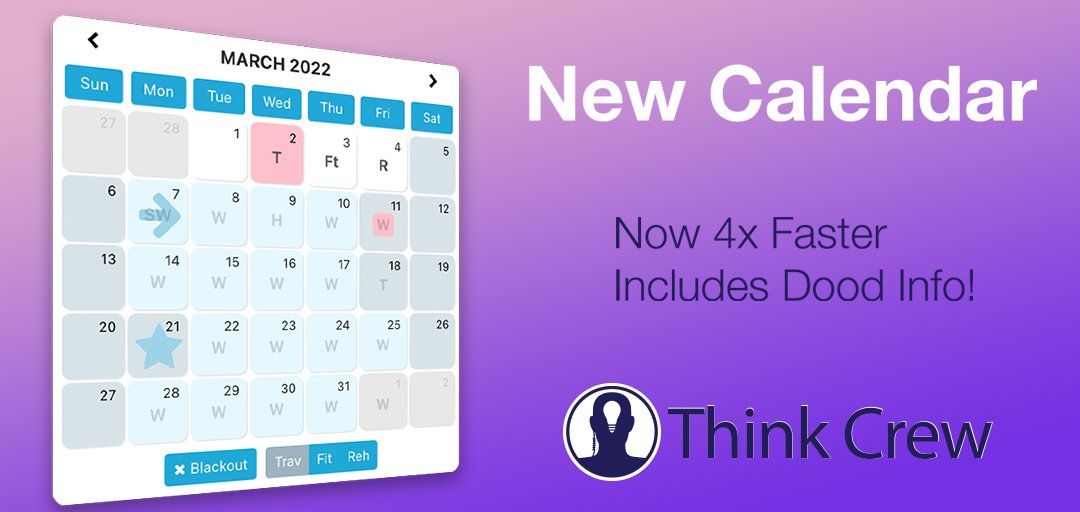 thinkcrew's tweet photo. Think Crew's entire date system has been completely rewritten, resulting in a 4x speed increase and the new Calendar component now shows element dood status! https://t.co/rSjqTQdmLp