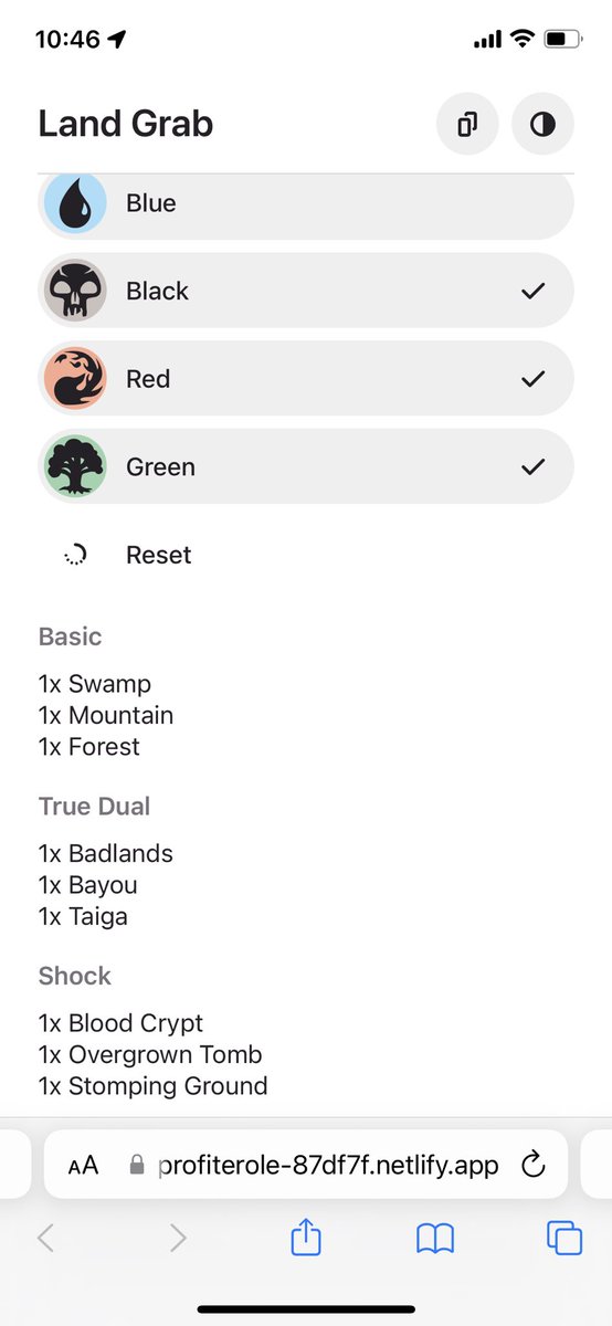 bobbygrace's tweet photo. @mschoening I made this web app for my Magic: The Gathering playgroup. Select some colors and it grabs common land cards you want. We were tired of looking them up or forgetting. Happy belated birthday https://t.co/kMUIhh7gkG