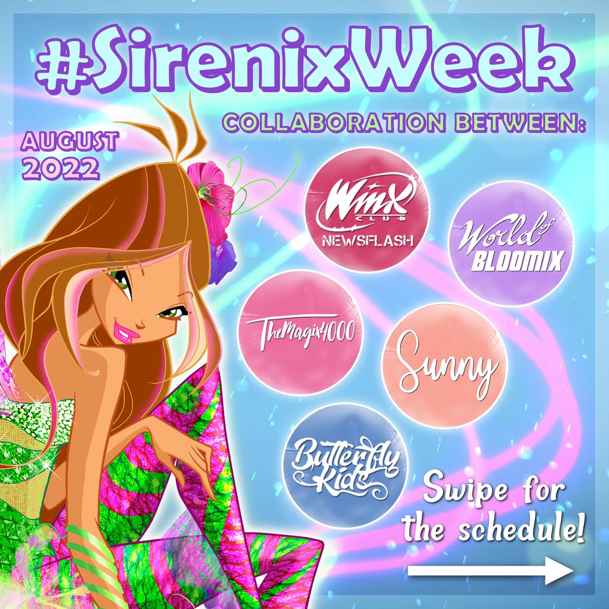 FlashOfFate's tweet photo. 🌊 HAPPY SIRENIX WEEK! 🌊
(22nd-28th August 2022)
-----
Winx Club Season 5 debuted almost 10 years ago now! Following the success of TynixWeek at the end of July, five WinxTubers are collaborating in a week of daily Sirenix-themed videos!
✨ #SirenixWeek ✨ schedule below: https://t.co/vZ5futzNVH
