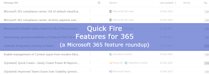 AndrewMorpeth's tweet photo. Every 2-3 months I wade through Microsoft's Message Center and put together what I think are the most useful updates, or things you need to be aware of that will affect your Microsoft 365 subscription - a feature round up. #MessageCenter #Microsoft365
https://t.co/hEPZiVYOTd https://t.co/H2xd9ojWnD