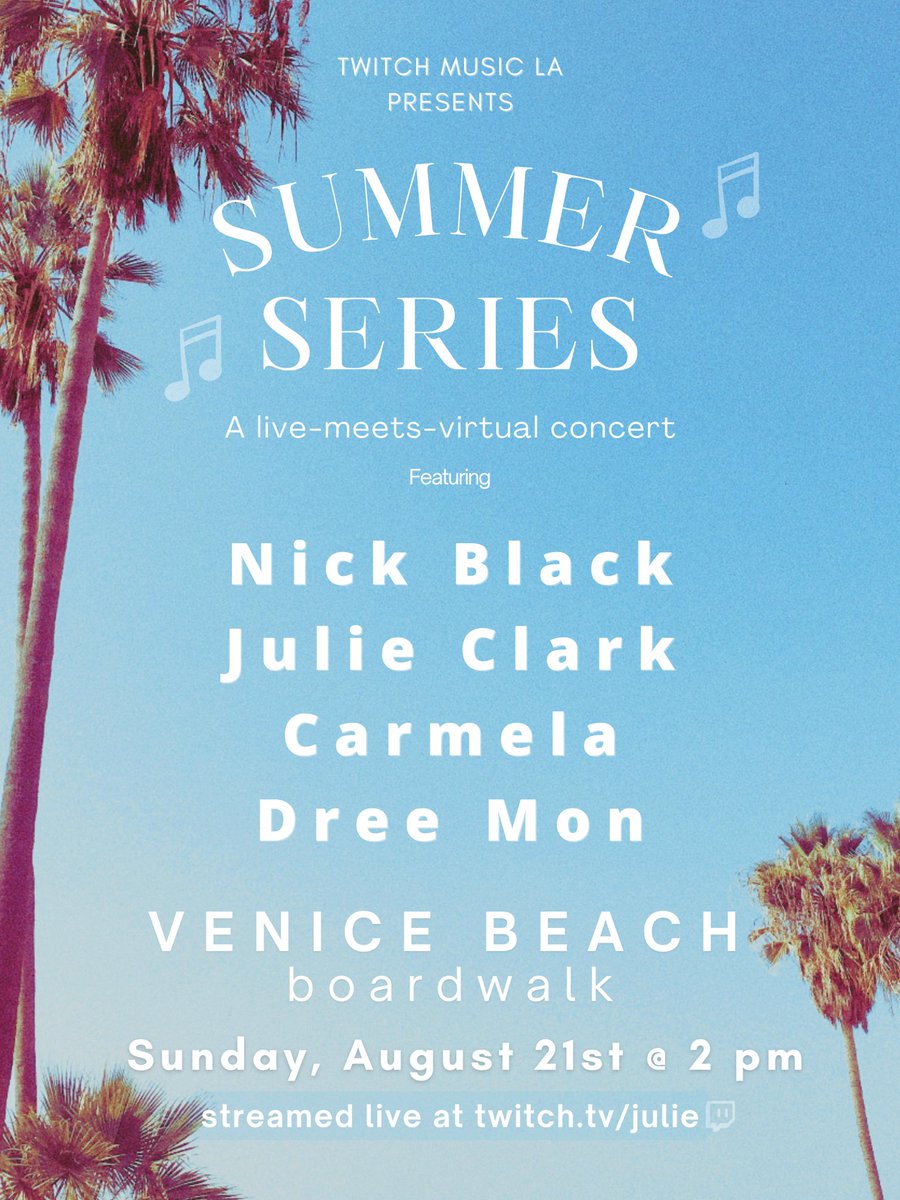 Today! Watch it on twitch.tv/Julie or come on by Ocean Front Walk at 2pm pdt! @NickBlackMusic @julieclarkmusik @ohcarmela and me! 🧡🔥

#twitchmusicla #summerseries