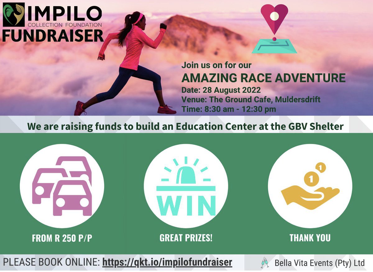 Come and join us for a family fun day with great prizes! 
Fundraiser for an education center for the victims of GBV. 
𝐀𝐌𝐀𝐙𝐈𝐍𝐆 𝐑𝐀𝐂𝐄 𝐀𝐃𝐕𝐄𝐑𝐓𝐔𝐑𝐄
Date: 28th August 2022
Place: Muldersdrift, Ground Café 
Online booking:
qkt.io/impilofundrais…