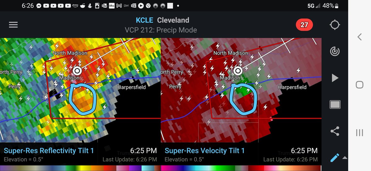 TORNADO WARNING for Ashtabula County until Sunday, 7pm. Rotation located near Harpersfield moving northeast at 25 mph. Seek shelter now!