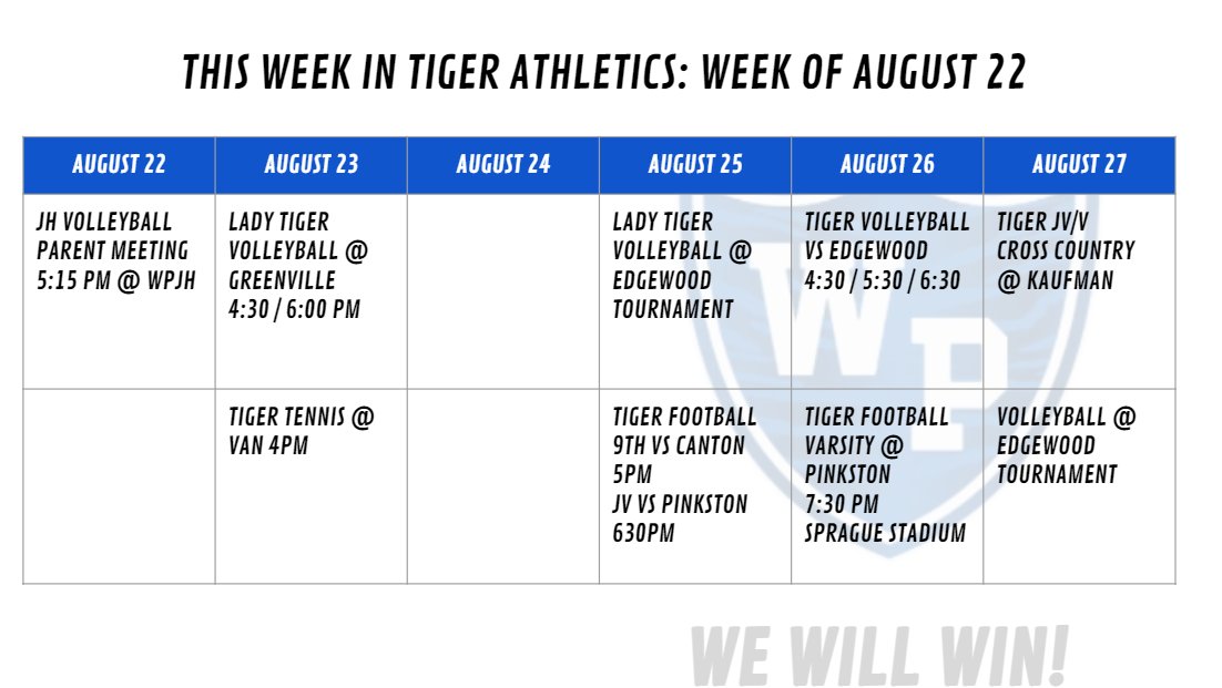 ✊🔵⚪THIS WEEK IN TIGER ATHLETICS - Week of August 22🔵⚪✊
Come out to support your Tigers and Lady Tigers!
All four fall sports are in season! Here we go!
🐅🏃‍♀️🏃‍♂️🏈🏐🎾🐅
#WeWillWin #willspointproud <a href="/WillsPointISD/">WPISD</a>