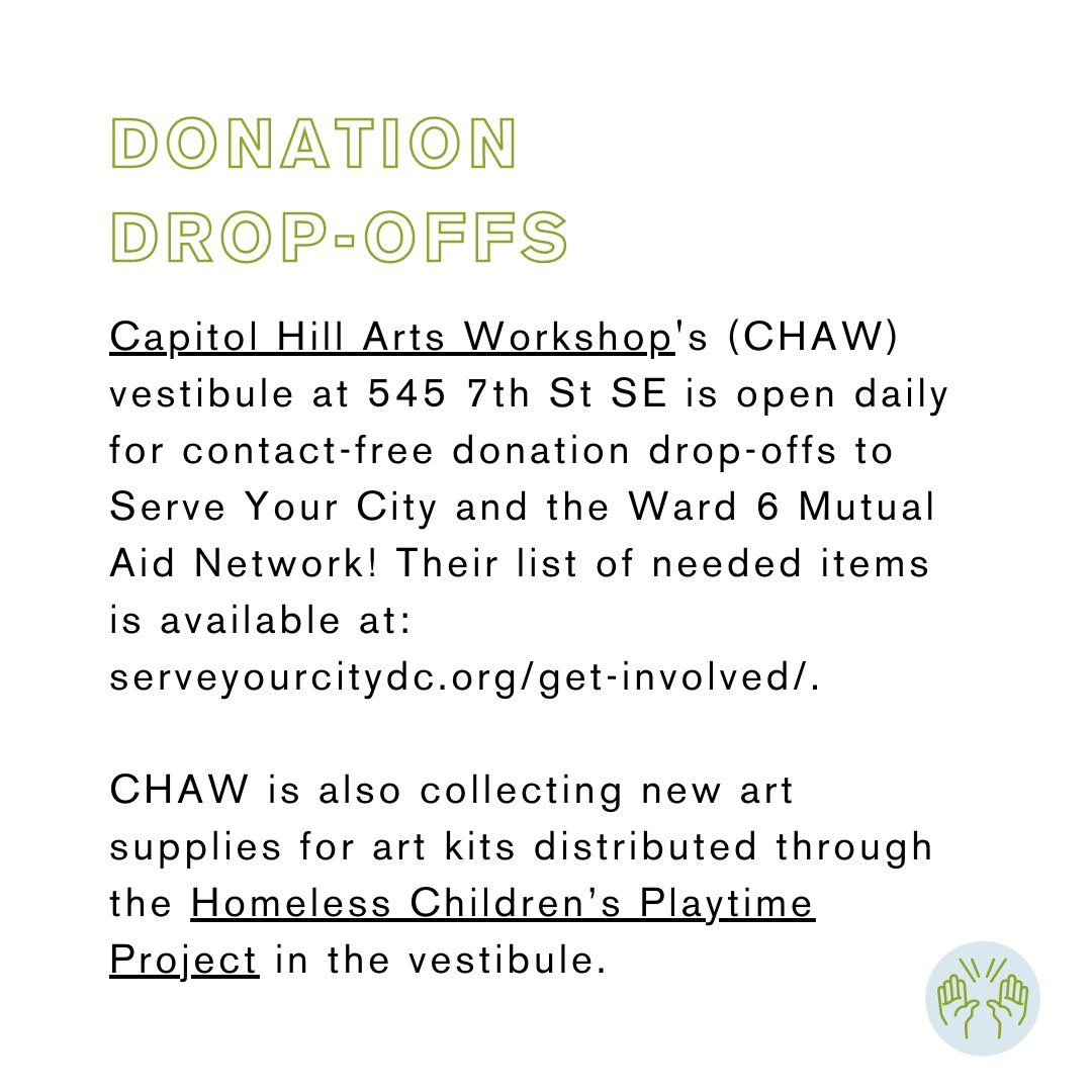 Spur Local (@spurlocal) on Twitter photo 5/8 Drop off donations at <a href="/CHAWinDC/">Capitol Hill Arts Workshop</a>'s vestibule! They're accepting items for <a href="/ServeYourCityDC/">Serve Your City/Ward 6 Mutual Aid</a> and <a href="/ProjectPlaytime/">Playtime Project</a>. 5/8 Drop off donations at <a href="/CHAWinDC/">Capitol Hill Arts Workshop</a>'s vestibule! They're accepting items for <a href="/ServeYourCityDC/">Serve Your City/Ward 6 Mutual Aid</a> and <a href="/ProjectPlaytime/">Playtime Project</a>.