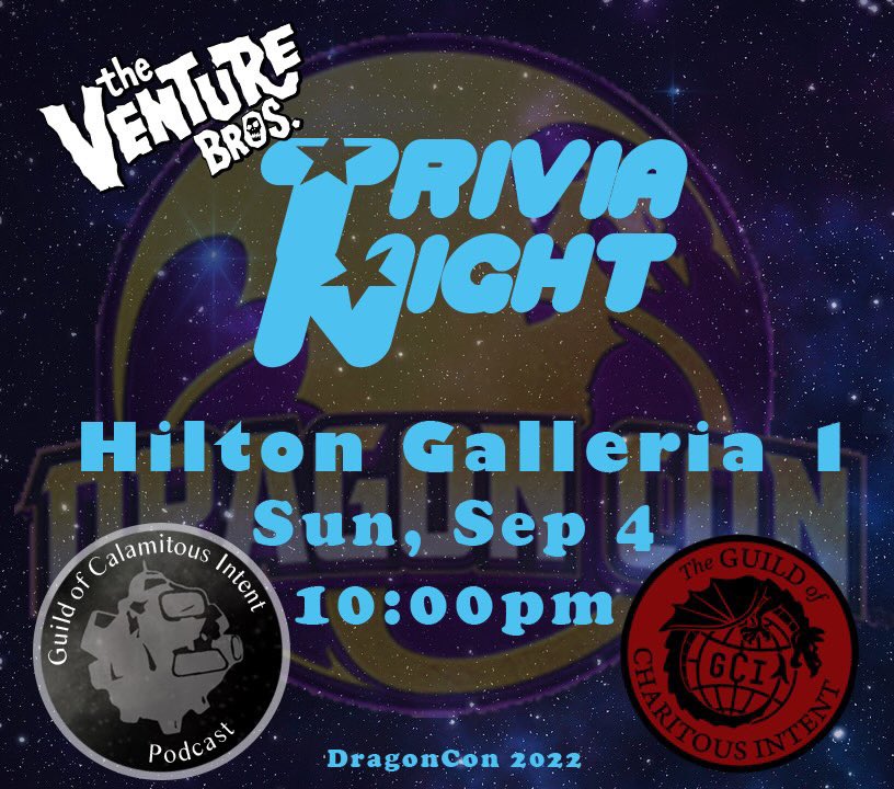 guildpodcast's tweet photo. What is this? A crossover episode?!
@dragoncontoons has allowed us to once again partner with @charitousintent in order to provide Venture Bros Trivia!
More info available at https://t.co/cZICFJDEam
#DragonCon2022 #DragonConToons #VentureBros https://t.co/X9VLRGoCSm