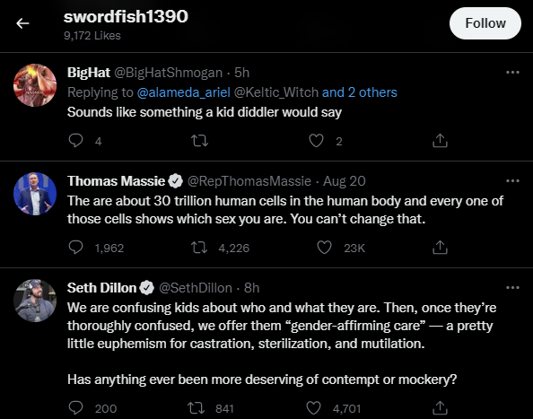 FLastoff's tweet photo. Just some of @NPaetz13 's liked tweets about transpeople. I wonder if there's a connection between being a transphobe and using words like "woke", and "agenda". https://t.co/gXJYGLSHKF
