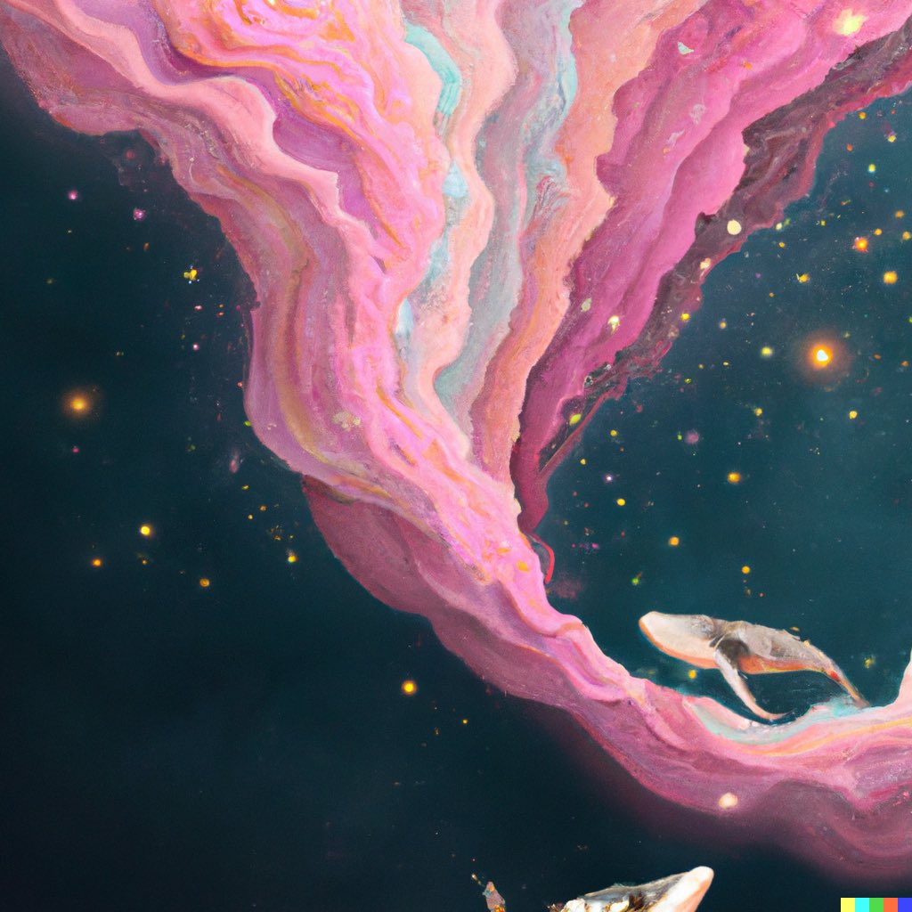ADORABLE_DALL_E's tweet photo. I really like pink and stars: "Pink whales swimming under the foamy vanilla colored milky way, digital art" #dalle2 https://t.co/4jMGDrIZAf
