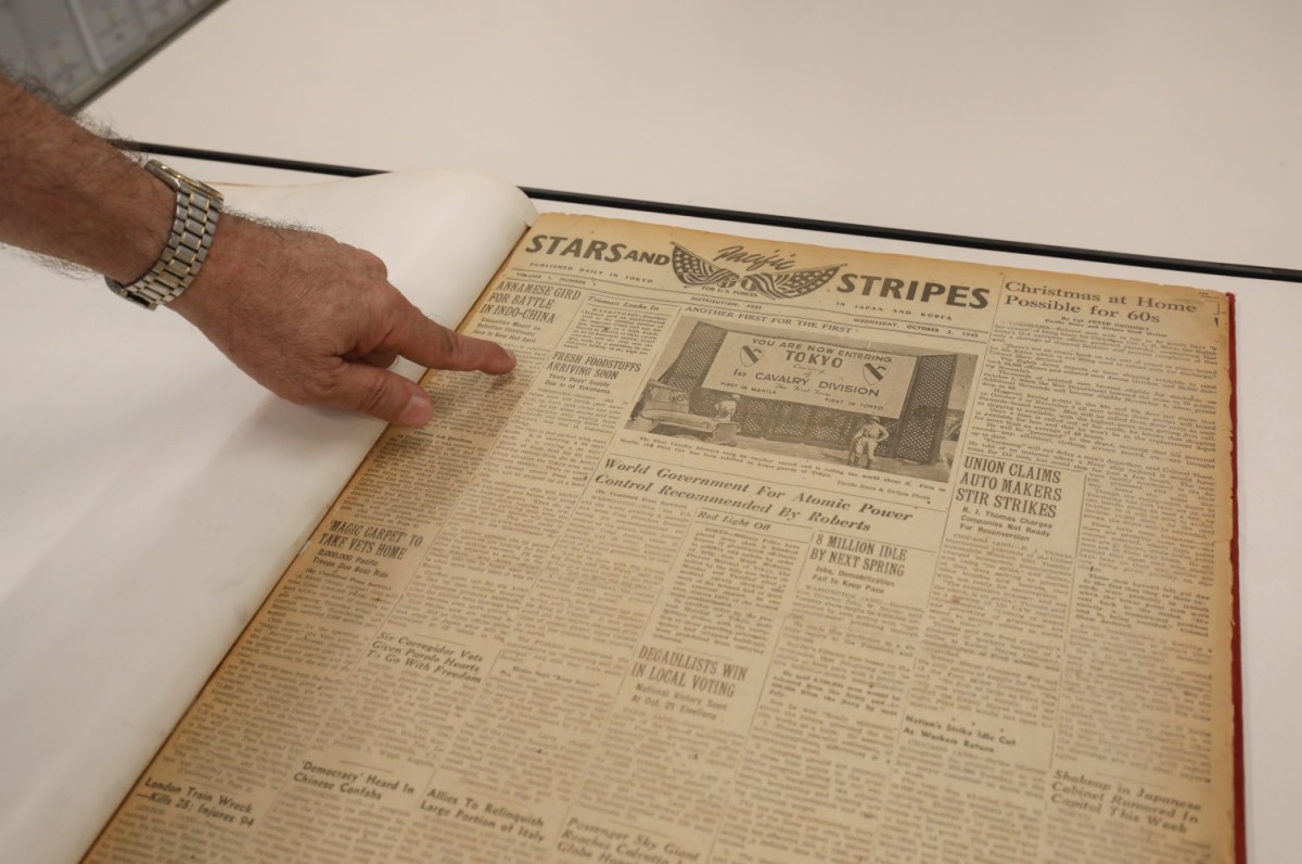 The first copy of the Stars &amp; Stripes newspaper published in Japan on Oct. 3, 1945, and now housed inside an archive at Akasaka Press Center. 

A photo on the front page of the newspaper touts the <a href="/1stCavalryDiv/">1st Cavalry Division</a> as the first #USArmy unit to guard Tokyo. 

📸: Sean Kimmons