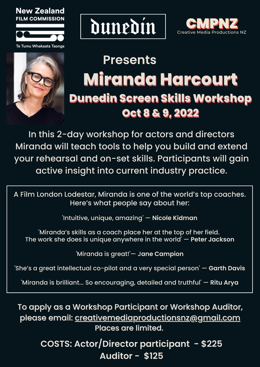 FilmOSNZ's tweet photo. Excited to share that Miranda Harcourt will be hosting a Dunedin Screen Skills Workshop in October for actors and directors. This is a great opportunity to work and build on your on-set skills with an NZ screen legend. Details below! https://t.co/t9DoB6TsHM