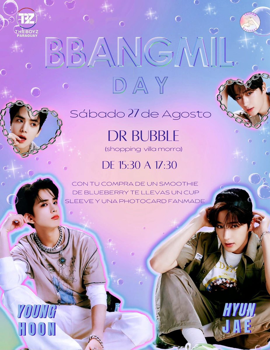HAPPY BBANGMIL DAY! 🍞🐻🎉
¡Te invitamos al cupsleeve event para festejar el cumple de nuestros Songdo boyz! 💘
Esperamos a todxs lxs deobis el 27 de agosto en Dr. Bubble🧋 (Shopping Villa Morra) desde las 15:30 hasta las 17:30 💫