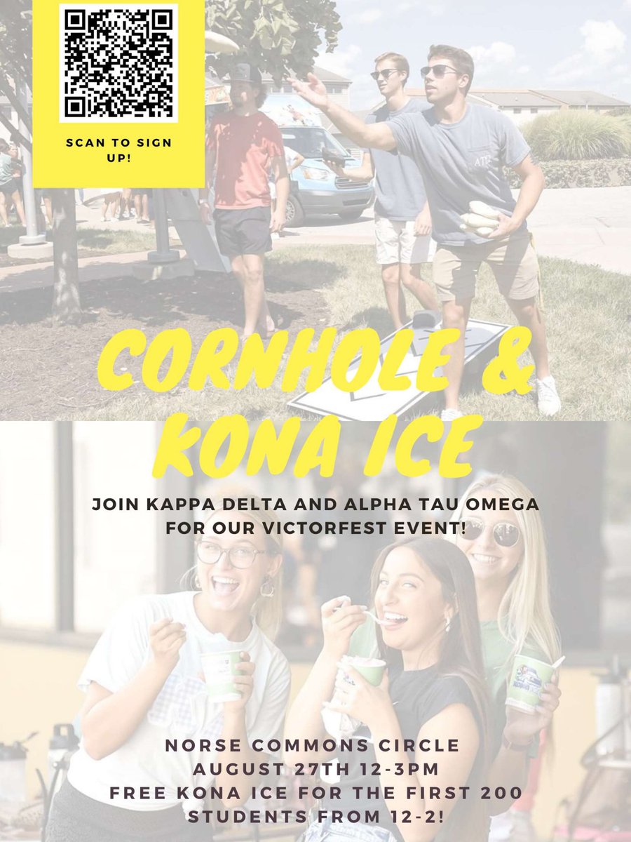 Join <a href="/KDetaeta/">𝙺𝚊𝚙𝚙𝚊 𝙳𝚎𝚕𝚝𝚊 𝙴𝚝𝚊 𝙴𝚝𝚊</a> and the Brothers of ATO this Saturday in the Norse Commons circle from 12pm-3pm for our second year of Kona Ice and Corn Hole tournament. Link for team sign ups is in our bio and the winners will receive a $25 gift card! Can’t wait to see y’all there!