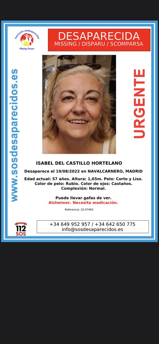 Seguimos buscando a mi tía. Desaparecida desde el viernes. Zona Navalcarnero. Gracias por seguir difundiendo 🙏🏻🙏🏻🙏🏻🙏🏻🙏🏻🙏🏻