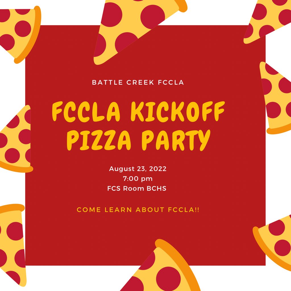 BC_FCCLA's tweet photo. Come join us at 7 on Tuesday for the FCCLA Pizza Party Kickoff! Learn about FCCLA and what we do! https://t.co/NyLTL0EiSE