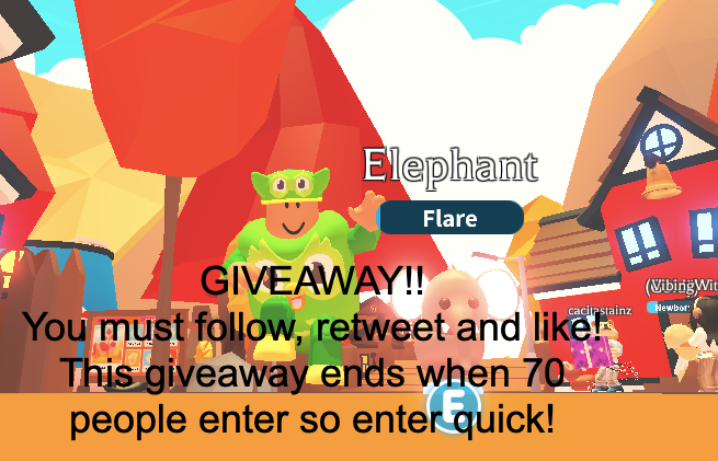 taylorschoco's tweet photo. #adoptmegiveaway #robloxgiveaway ADOPT ME NFR ELEPHANT GIVEAWAY!!!!! You must retweet, follow, and like to enter! This giveaway ends when 70 people enter so enter quick! #roblox #adoptme #adoptmetrade #freeadoptmepets https://t.co/gBMzidU30Q