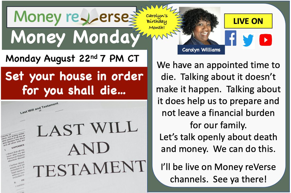 MoneyreVerse's tweet photo. Join me for #Money Monday where we will talk openly about #death and money.  Let's set our houses in order and not leave a burden for our #family.  #FinLit https://t.co/6MedonQUb0