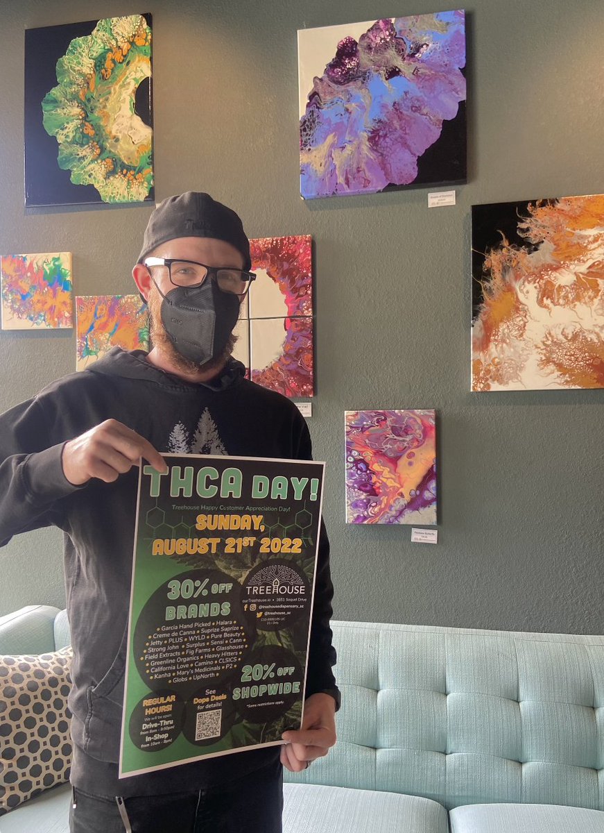 Treehouse_SC's tweet photo. 🚨TODAY 8/21 is our THCA day, there’s LOTS of fun planned! Come by Treehouse any day to talk to us about your canna-needs! 
...
🚨HOY 21/8 es nuestro día THCA, ¡hay MUCHA diversión planeada! ¡Ven a Treehouse cualquier día para hablar con nosotros sobre tus necesidades cannábicas! https://t.co/wzhTuUESPT