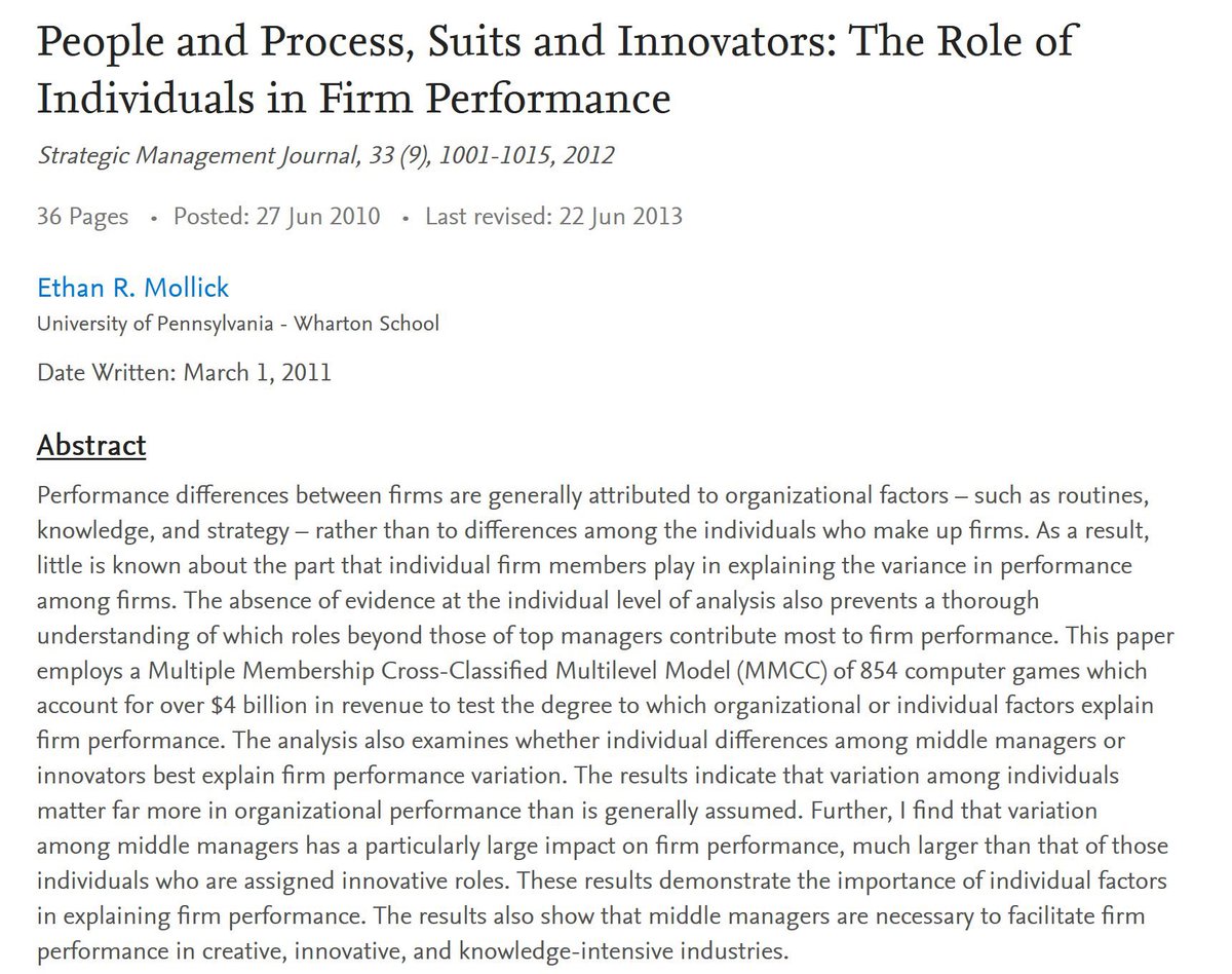 And not just manufacturing!

My paper shows the difference in quality among managers in the game industry (called "producers" as the founder of EA thought it sounded Hollywood) accounted for 22% of variation in game revenue - much more than any other role! papers.ssrn.com/sol3/papers.cf…