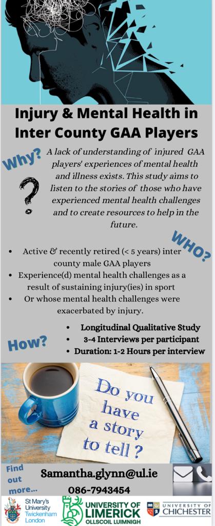 Inter County GAA Players wanted for pioneering research study on injury and mental by <a href="/SamanthaGlynn21/">Samantha Glynn</a> ...
