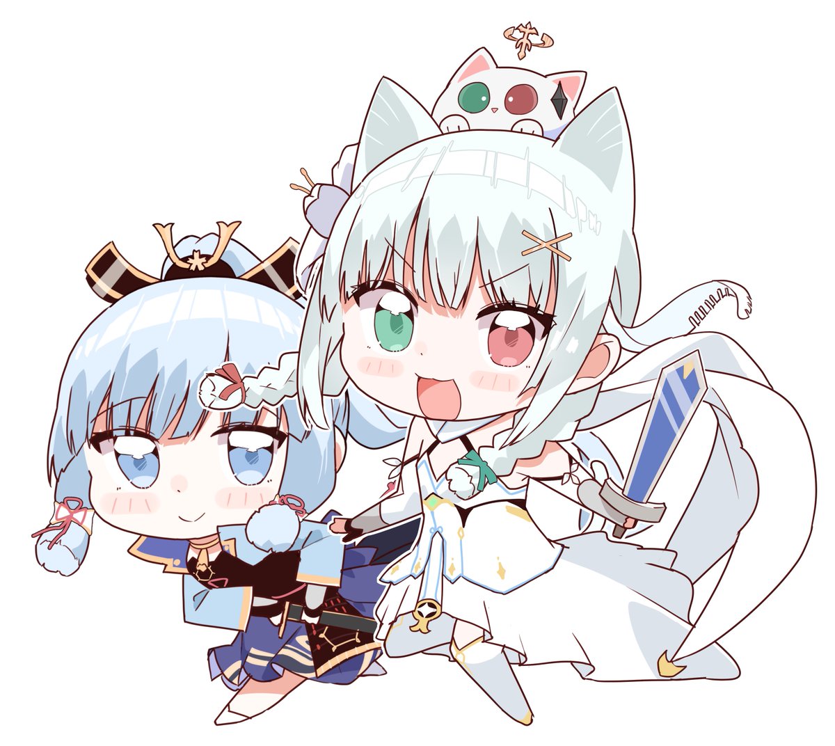 kamisato ayaka multiple girls 2girls heterochromia weapon sword chibi animal ears  illustration images