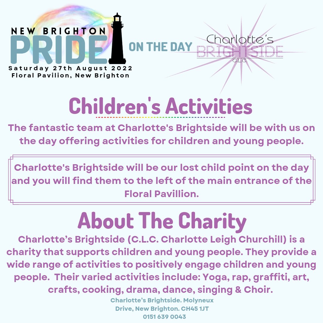 The fantastic Charlotte's Brightside C.L.C will be with us on the day providing activities for children and young people 💙
#CharlottesBrightside #NewBrightonPride #WirralPride #PrideontheWirral #LGBT #Wallasey #Heswall #Hoylake #WestKirby #Birkenhead #Bebington #Wirral #Pride