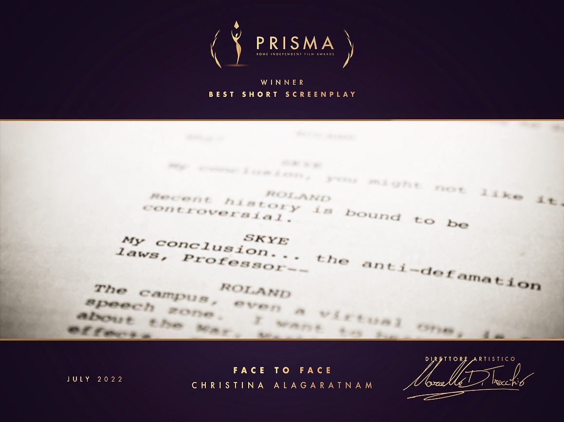 ChrissyA_92's tweet photo. Truly grateful &amp; so happy to have received the Rome Prisma Film Award’s Best Short Script Award for my play-turned-short-film ‘Face to Face!’ Big thanks to the judges at #RomePrismaFilmAwards this means everything. And thanks to my family &amp; friends who have always had my back 😊 https://t.co/TN0rD4m4vc