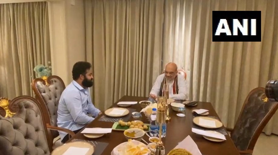 ANI's tweet photo. Union Home Minister Amit Shah met Telugu actor Jr NTR, in Hyderabad today. https://t.co/MTgOuYHNu9
