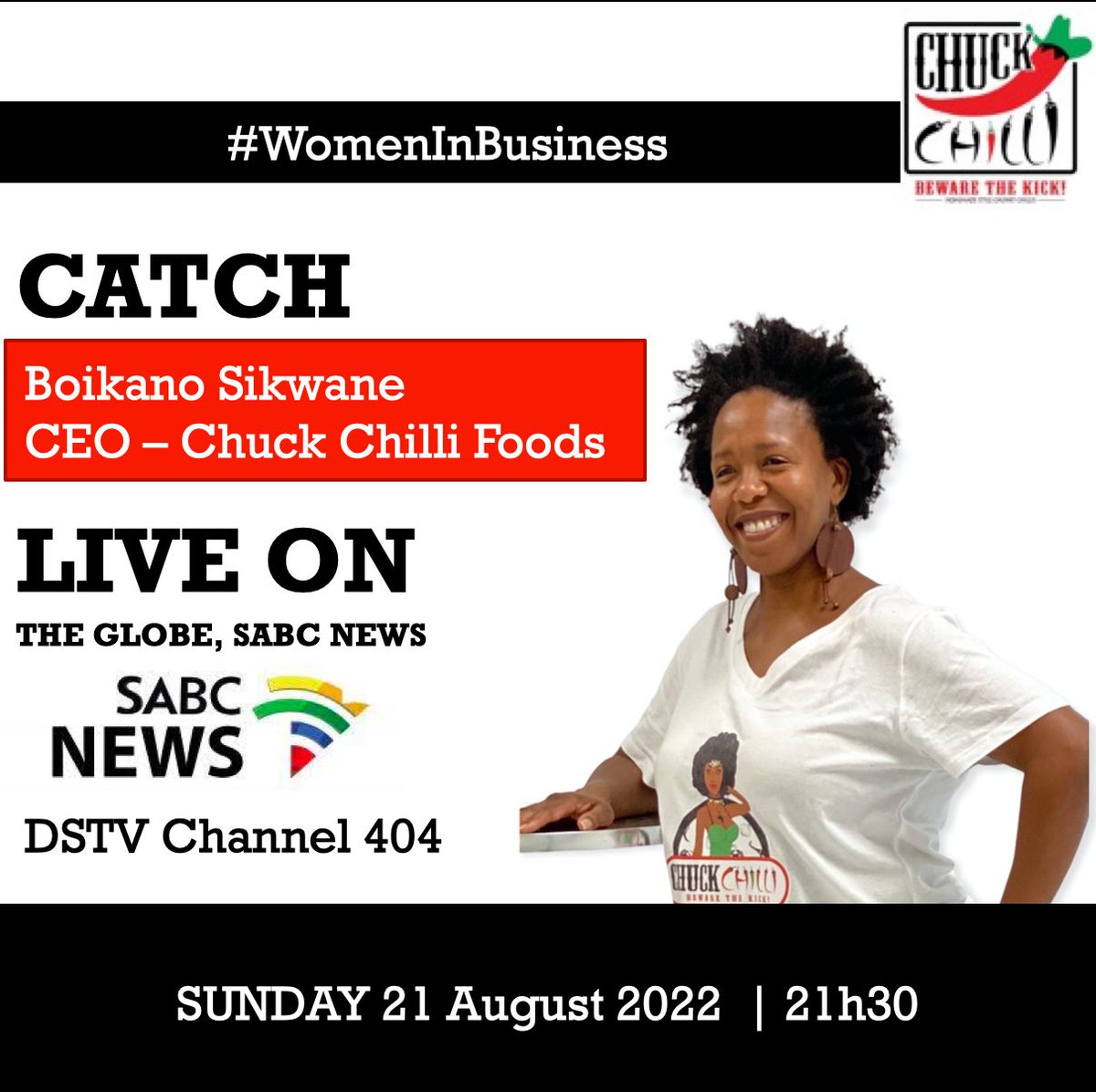 chuckchillifood's tweet photo. Catch our CEO live on SABC News at 21h30 tonight with Peter Ndoro talking all things #WomenInBusiness during this #WomensMonth. #ChuckChilli #BewareTheKick #SABCNEWS #TheGlobe #dstv404 @peterndoro @SABCNews https://t.co/4icCXH8XlJ