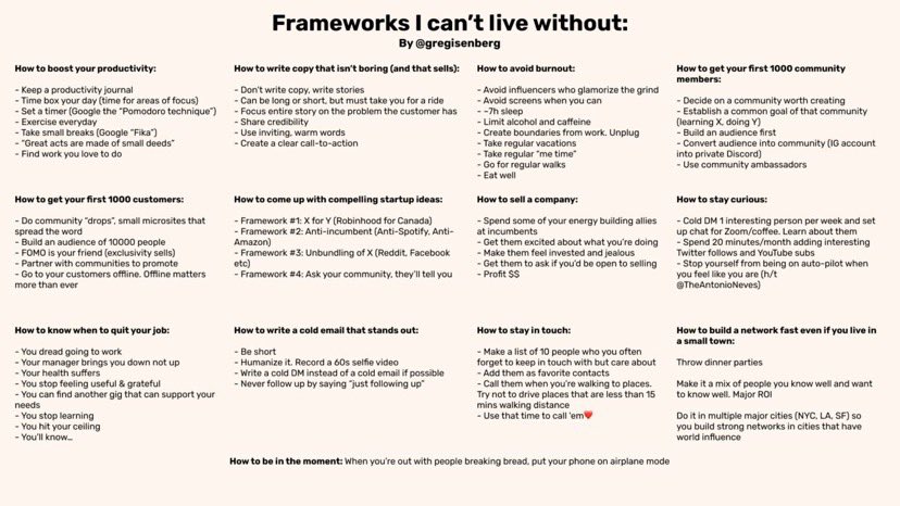 TheZENetwork's tweet photo. Frameworks for #business and #life by @gregisenberg https://t.co/7yQwKbyaVD