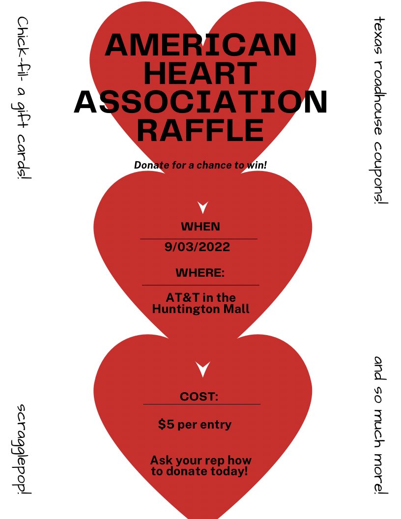 come donate $5 for #AHA at AT&amp;T in the Huntington Mall for a chance to win our raffle! So many good prizes already and many more to come! #att #hmall #dawgpound #goalminers