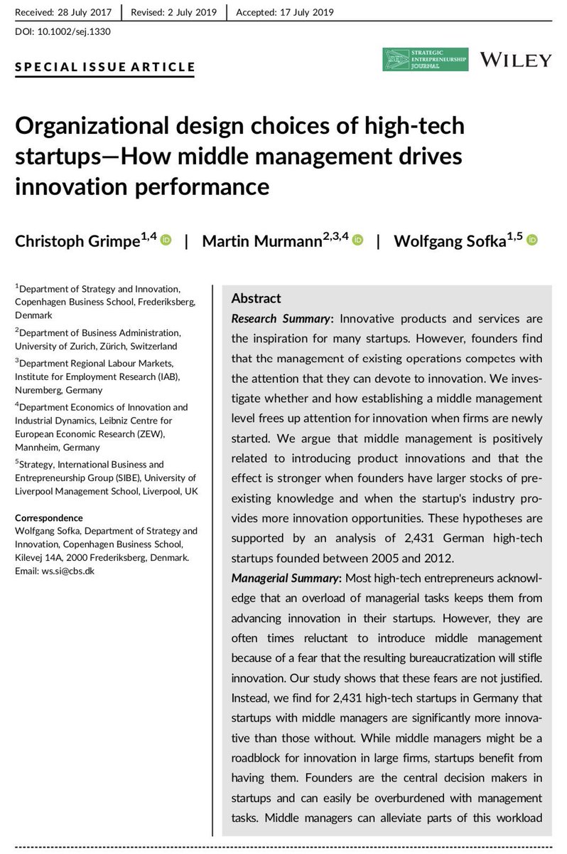 It applies to startups too. They often avoid hiring middle managers, for fear that it will make their company bureaucratic &amp; less innovative. But this paper shows the opposite is true: startups become 33% more likely to develop product innovations when they add middle mangers!