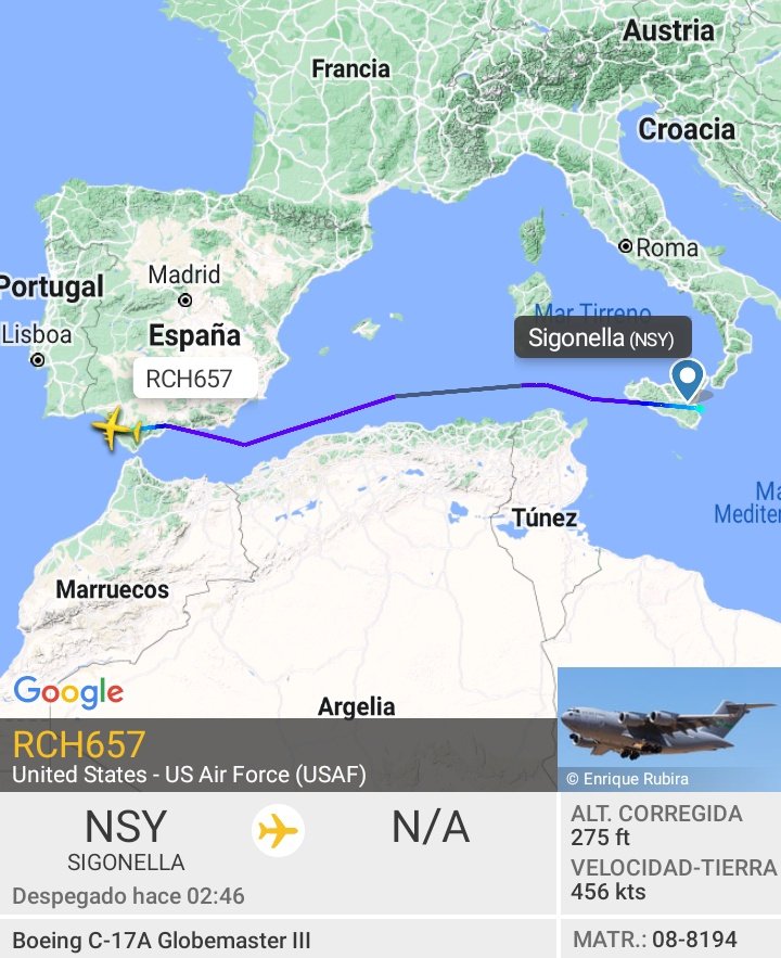 MilRadar's tweet photo. 🇺🇸 #USAF C-17A Globemaster III 08-8194 del #62ndAW aterriza en #Rota procedente #Sigonella #Italia https://t.co/uBhj63WlwC