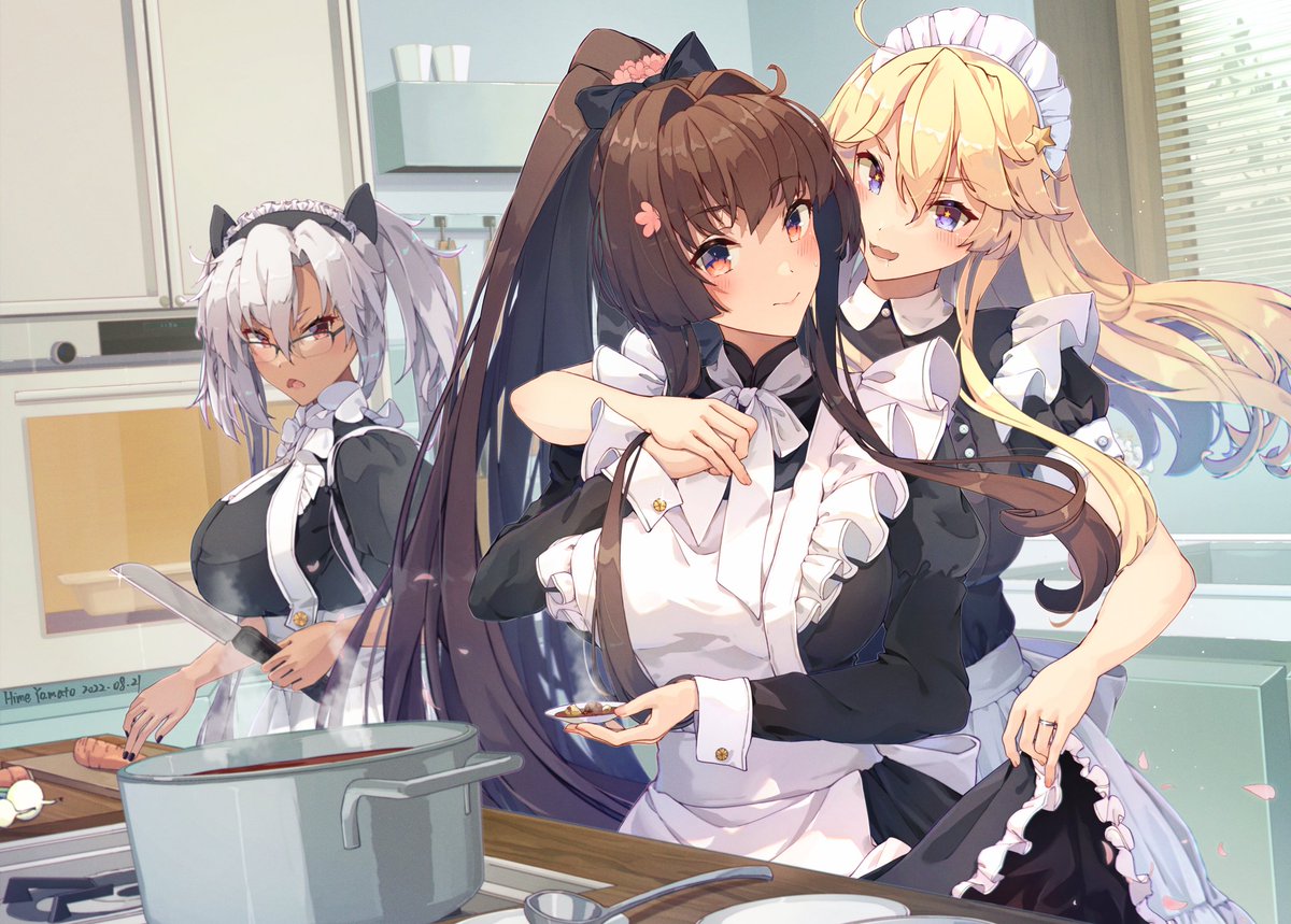 iowa (kancolle) ,musashi (kancolle) ,musashi kai ni (kancolle) ,yamato (kancolle) onion apron rectangular eyewear knife dark skin holding knife kitchen knife  illustration images