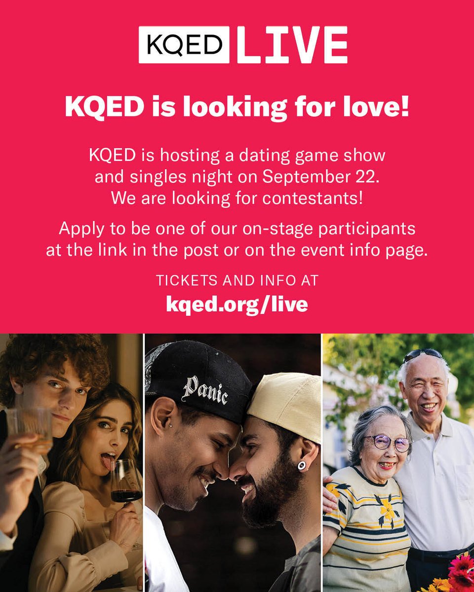 KQED's tweet photo. 💞 Join us for an all-original dating game live on stage hosted by comedian @DhayaLive, where one special KQED fan will be the center of attention as you, the audience help them pick a date from the contestants on hand!

Get tickets: https://t.co/FAdNiWwwMQ https://t.co/PkugmQRTgU