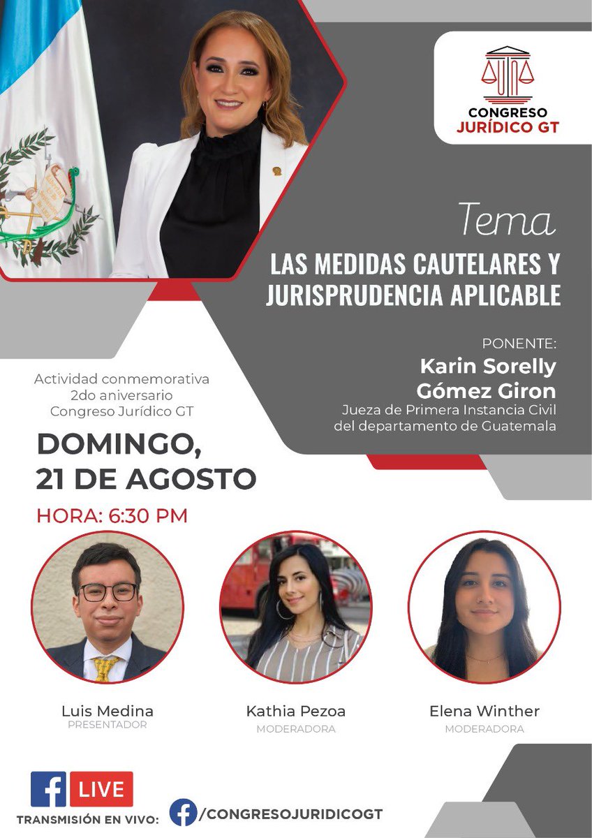 CongresoJGT's tweet photo. Expositora: @karinsgomez ( Jueza de Primera Instancia Civil, departamento de Guatemala )

Presentador: @Lagm55 

Moderan: @kathiapezoagt y Elena Winther.

Nos vemos a las 18:30 hrs por Facebook Live. https://t.co/ZdLtPqiDDy