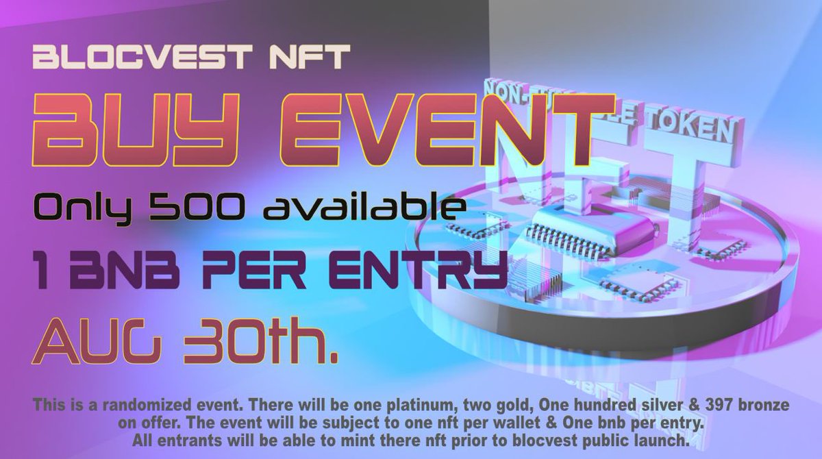 Save the Date. It’s getting closer. One Nft per wallet &amp; 1 bnb per entry. #bnb #BSC #BSCGems #blocvault #blocvest