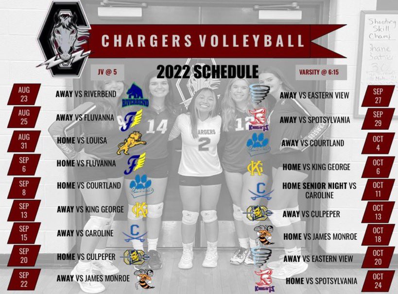 Girls Volleyball 2022 season schedule! 🏐 ⚡️
<a href="/ChanAthletics/">Chancellor Athletics</a> <a href="/ChargerChaos/">Charger Chaos</a>
