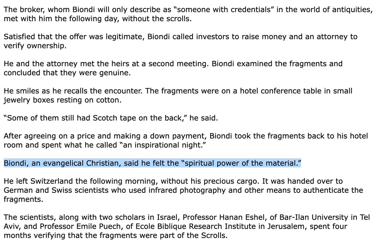 arsteinjustnes's tweet photo. Even though Lee Biondi — antiquities dealer and evangelical Christian — "felt the spiritual power of the material", the frgs have later turned out to be fakes.
#post2002DSS #ScotchTape #SwissBankVault
R. Boyer, "Making Scrolls Accessible," The Pilot (2005)
https://t.co/ouHz4vFbwn https://t.co/rqYQzWs5rj