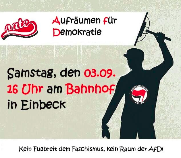 #Stadt entfernt mehrere Monate keine #NoAfD #Schmierereien, boykottiert unsere VA nach Anmeldung &amp; bekommt nach Frist keine Reinigung hin 🙄 
Also ist es nun doch an uns:
Kommt am 03.09. nach #Einbeck &amp; reinigt das #Stadtbild, die Stadt selbst bekommt es nicht hin 🤷‍♀️

#EIN0309