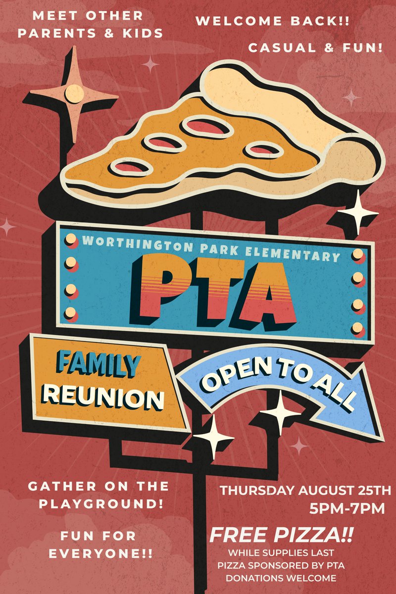 SAVE THE DATE: This Thursday evening, the Worthington Park PTA is hosting their first Family Reunion Picnic on the Playground at Park. Come out and connect with WoPark Families new and old. Pizza will be provided while supplies last (<a href="/worth_park_pta/">Worthington Park PTA</a>)