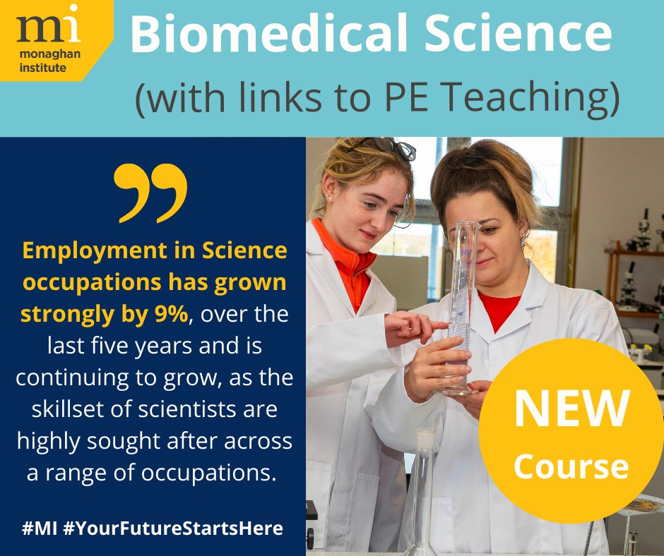 🥼🥼NEW COURSE COMMENCING SEPTEMBER 🥼🥼 Biomedical Science with links to PE Teaching, which is a relevant field currently and in greater demand than some sciences. APPLY NOW: monaghaninstitute.ie #Progression #MI #YourFutureStartsHere