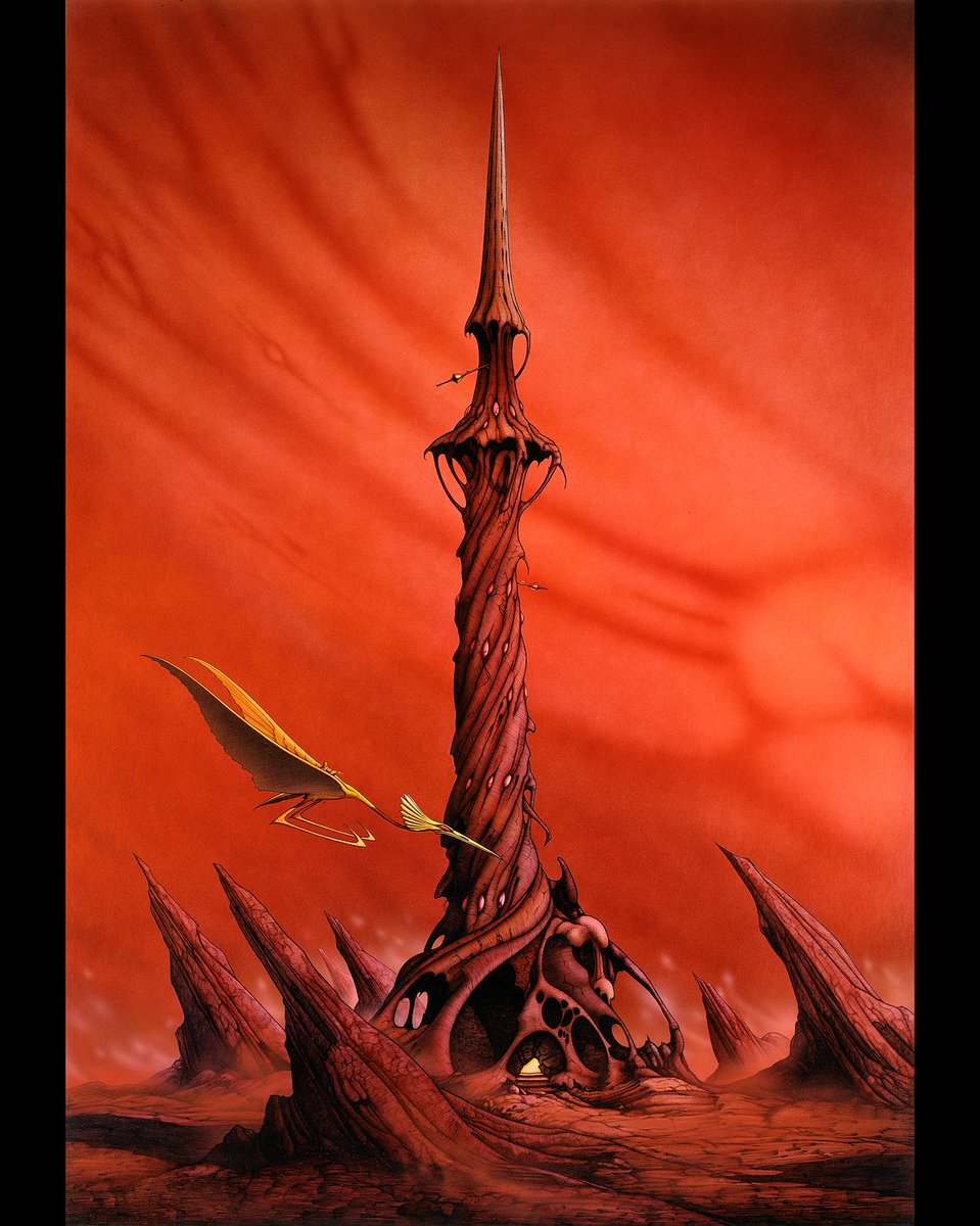 "They lived in a grotesque tower in the twilight region [...] its asymmetrical lines gave it the appearance of something that had grown, living, from the ground &amp; then atrophied"-The Shores of Death, #MichaelMoorcock
The Twilight Tower, 1976, inks, 100x70cm #scifiart #fantasyart