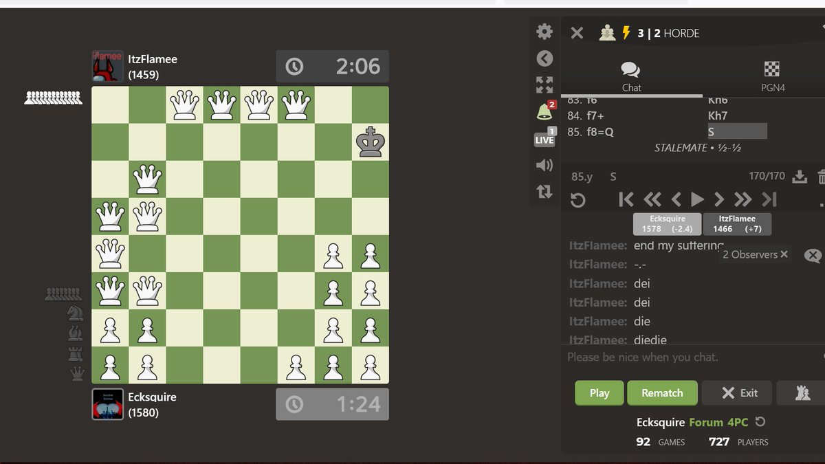 LoveisCthulhu's tweet image. 10 queens!  But unfortunately my avarice led to a draw.  #Hordechess #chesstwitter