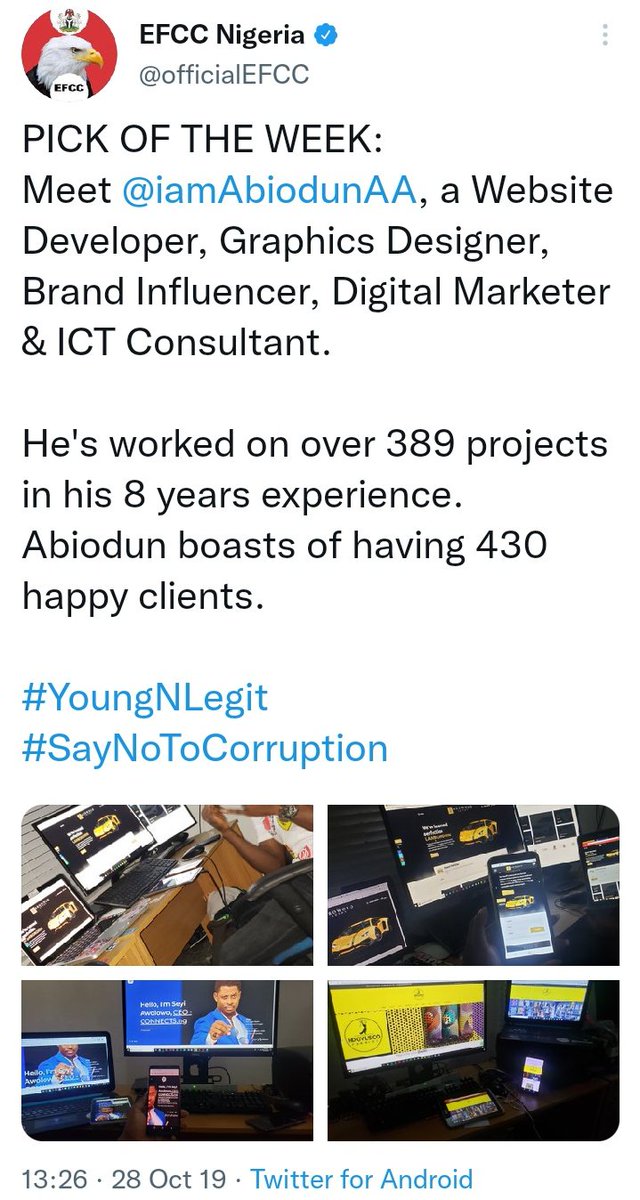 officialEFCC's tweet photo. You can choose to be different!

Remember @iamAbiodunAA, the software developer (CEO of ABANGO Technologies Nig Ltd.), who once featured in our "PICK OF THE WEEK" for #YoungNLegit Campaign in 2019?

Read his interesting story here >>> https://t.co/LPiVujeGYg

#TechBro https://t.co/lgM2PC1zuT