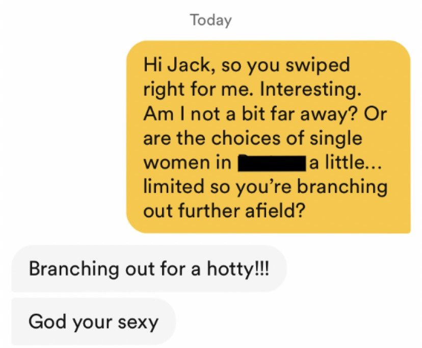 Good chat Jack. Thanks. #onlinedatingsucks #bumblefail #bumble #whatisthepoint